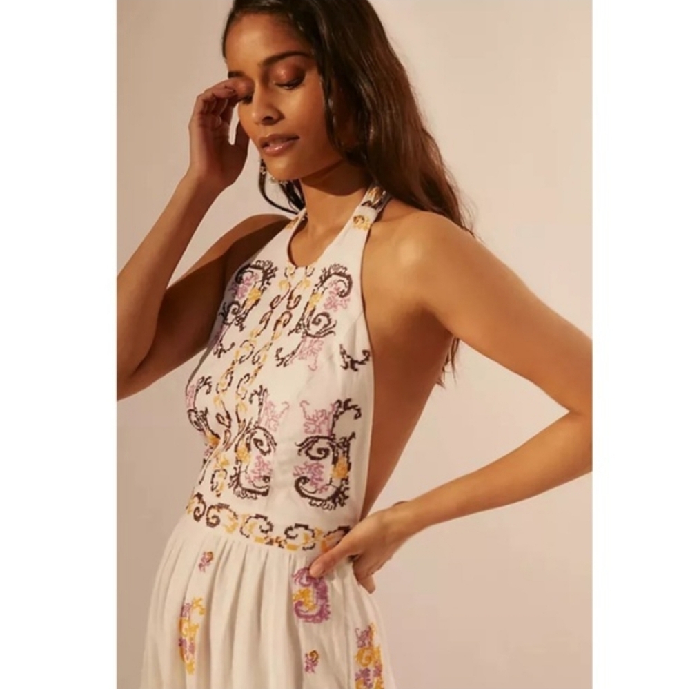 NWT Anthropologie Embroidered Halter Maxi Dress Size 12 In Ivory - Picture 4 of 14